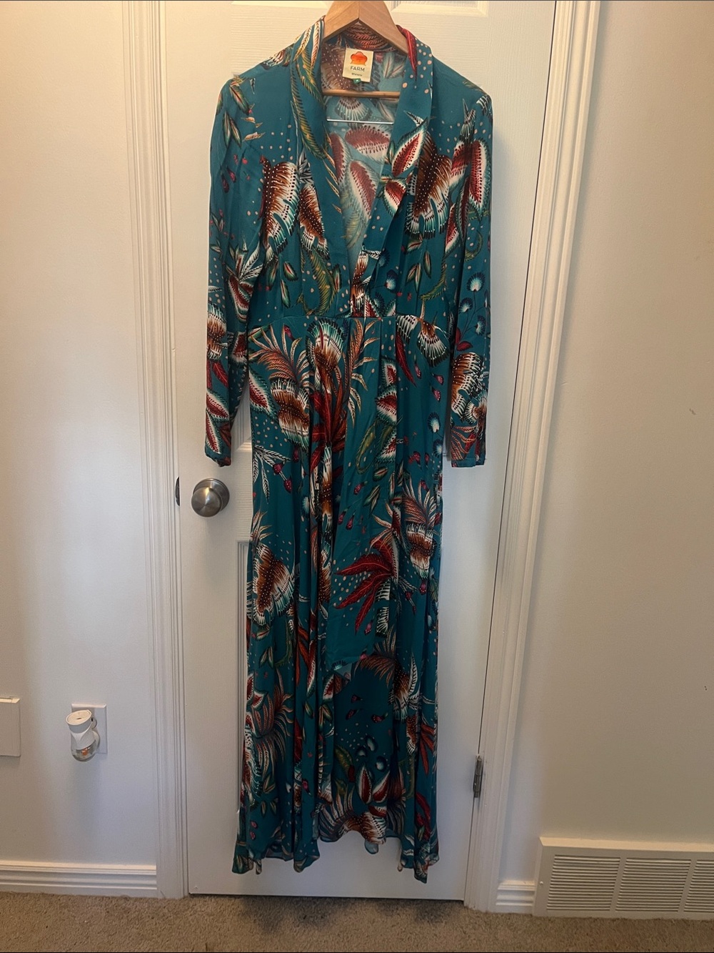 FARM Rio Teal Floral Maxi Dress with Rust and White Accents